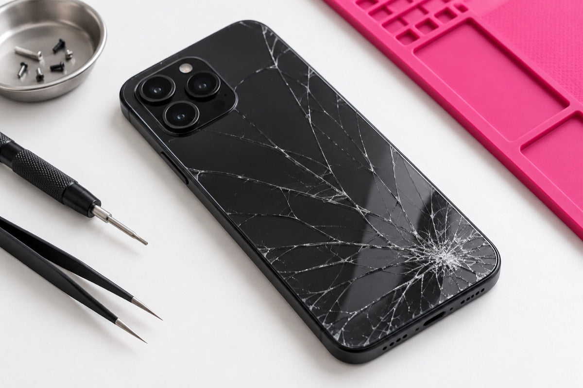 Illustrative image of a phone with cracked rear glass and intact camera lenses on a white repair workbench.