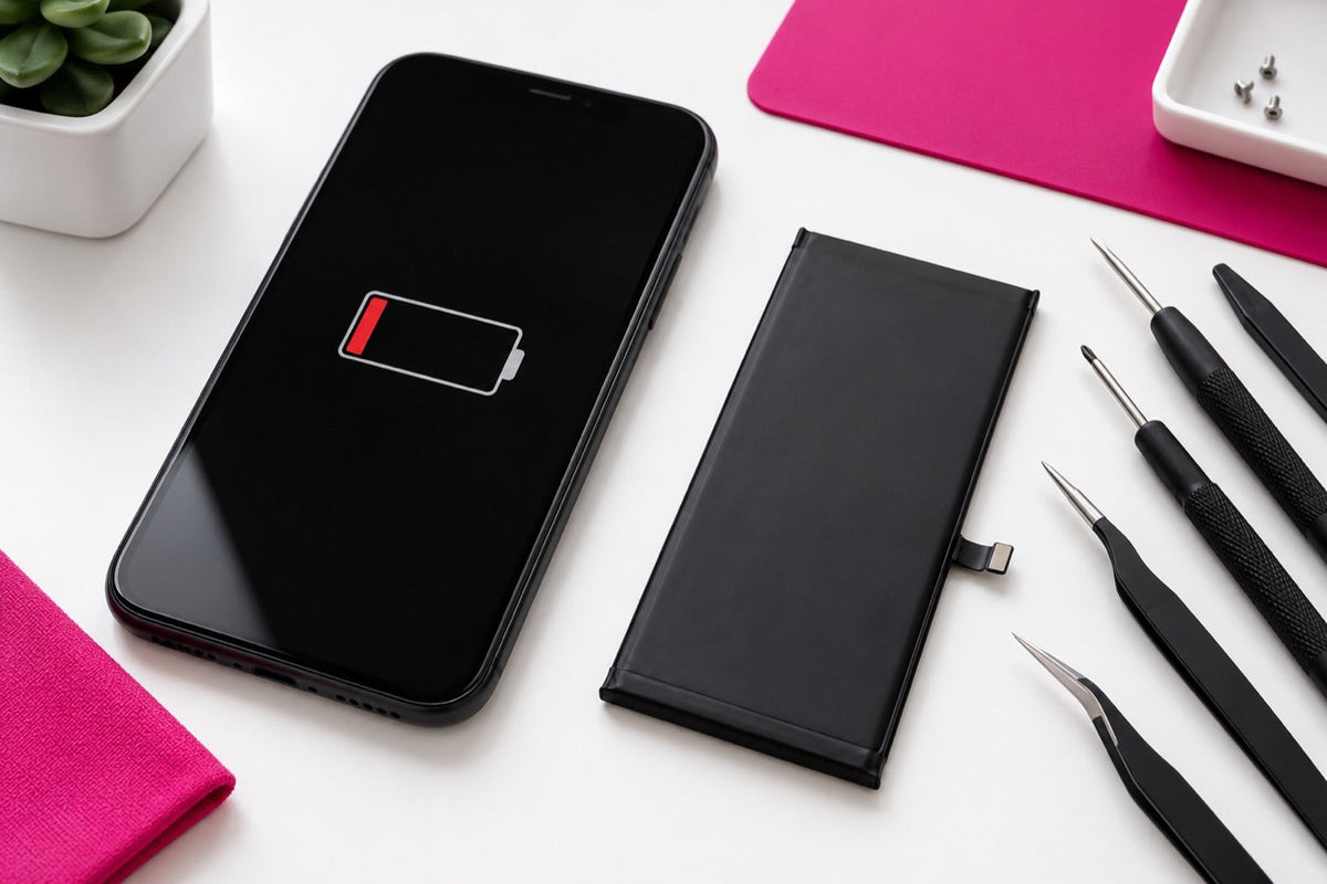 Illustrative image of a phone showing a low battery icon beside a replacement battery and repair tools.