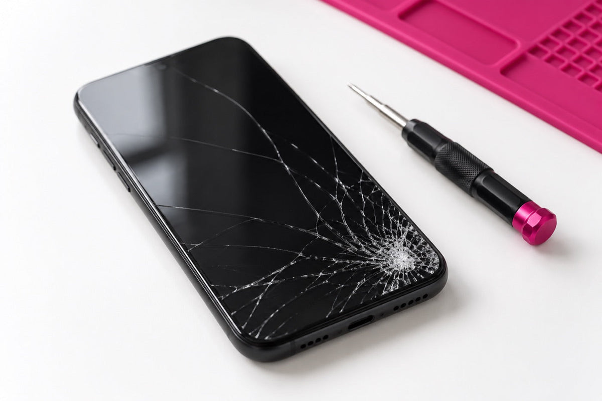 Illustrative image of a phone with cracked front glass beside a precision screwdriver on a white workbench.